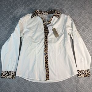 NWT Chico’s Top Women’s Size 0 (Small) White Long-Sleeve Button Up Cheetah Trim